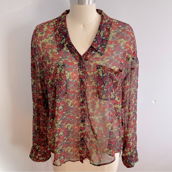 Free People Sheer Floral Print Buttondown Top- Size Medium - Picture 4 of 10